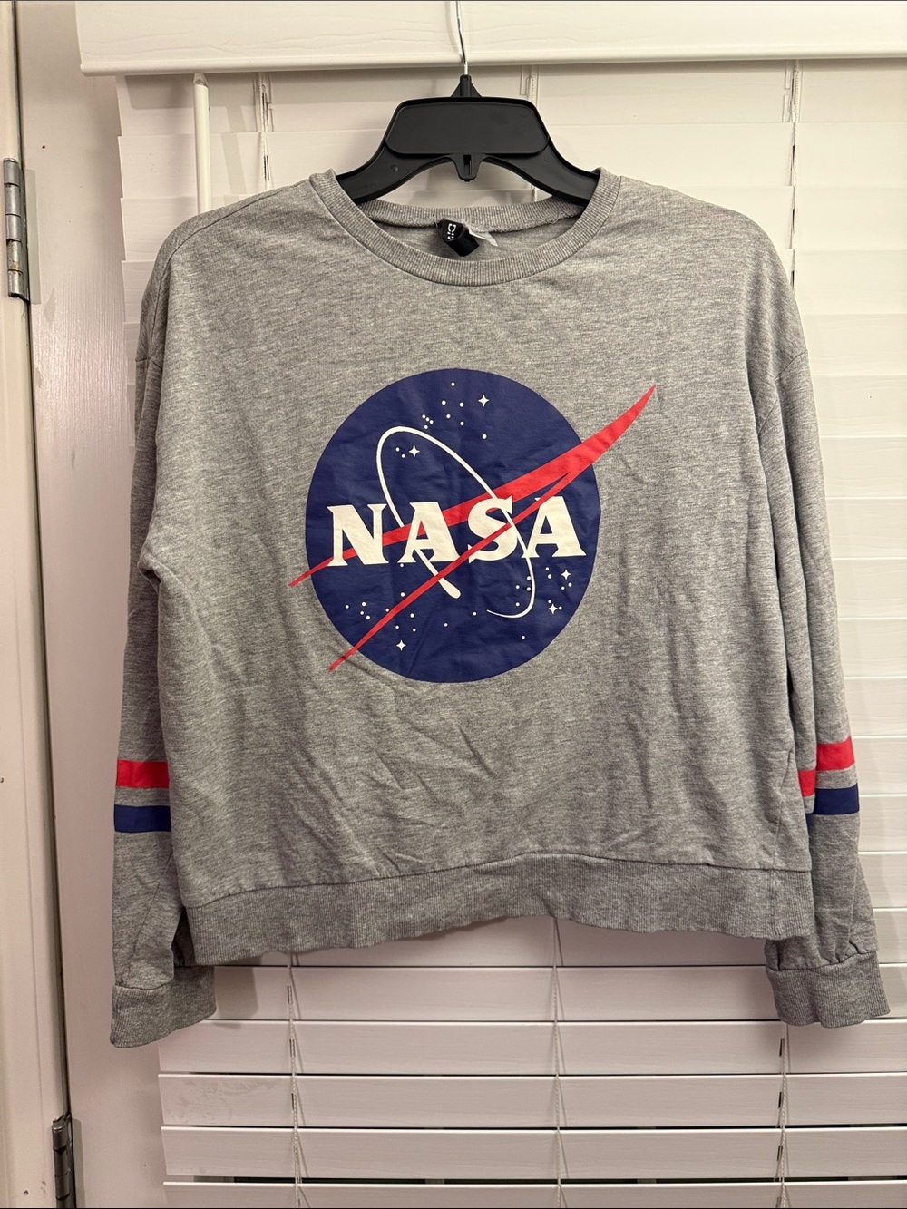 H&M Gray Crewneck Sweatshirt with NASA Logo and Red/Blue Accents
